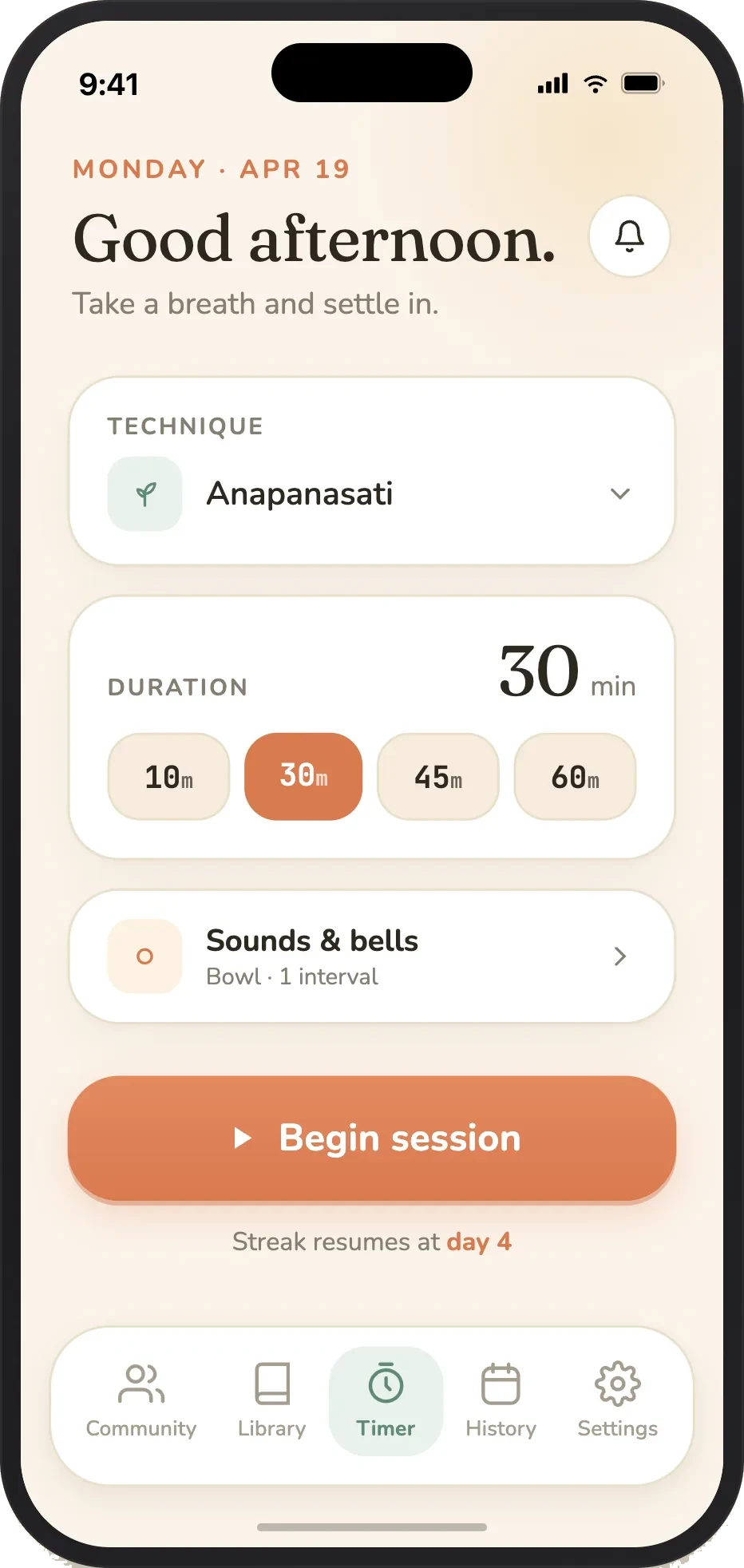 Contempla meditation timer on iPhone